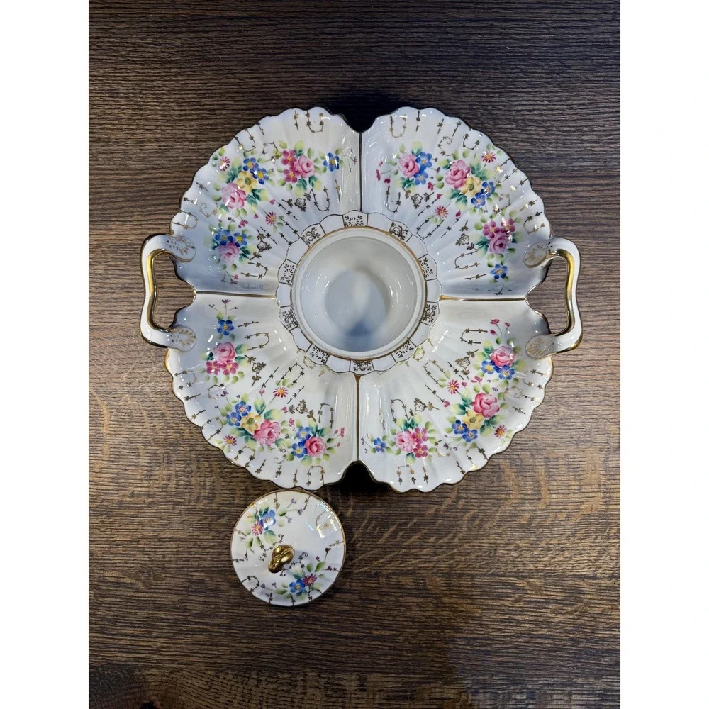 Antique Dresden Porcelain Relish Dish: Hand-Painted‎ Roses, Gilded Handles